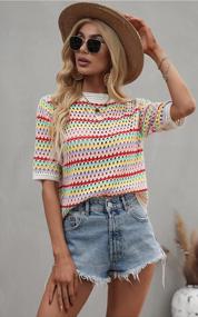 img 3 attached to Women'S Striped Knitted Beach Shirt: Casual Half Sleeve Lightweight Crewneck Top With Hollow Out Design