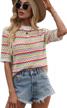 women's striped knitted beach shirt: casual half sleeve lightweight crewneck top with hollow out design logo