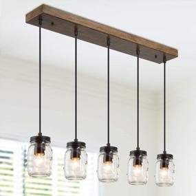 img 4 attached to Rustic Mason Jar Chandelier, 5-Light Hanging Pendant Lighting Fixture With Faux Wood Finish For Farmhouse Dining Room Or Kitchen Island, Brown