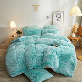 img 4 attached to Plush Shaggy Duvet Cover Set By XeGe - Luxury Soft Crystal Velvet Bedding Sets, Featuring 3 Pieces (1 Faux Fur Comforter Cover + 2 Fuzzy Pillow Cases), With Zipper Closure In Queen Size, Aqua Ombre
