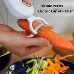img 2 attached to POWERGIANT Электрическая картофелечистка и слайсер для жульена - ручной кухонный гаджет 3-в-1 для легкой подготовки яблок и моркови, включает 3 сменных лезвия белого цвета