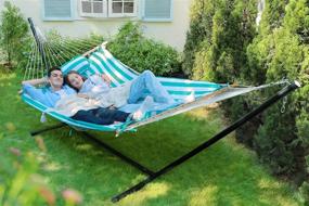 img 4 attached to Cotton Rope Pad Hammock With Stand 400Lbs Capacity, Indoor Outdoor Use 12 Feet Hammock Stand Spreader Bar Hammock Pad And Pillow Combo 2 Storage Bags Included (Cyan Stripe)