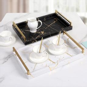 img 3 attached to Huaqinglian Rectangle Faux Leather Marble Tray: Stylish Serving, Coffee Table, Bathroom & Ottoman Tray With Ti-Gold Handle In Black Gold Marble Finish