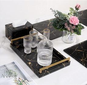 img 2 attached to Huaqinglian Rectangle Faux Leather Marble Tray: Stylish Serving, Coffee Table, Bathroom & Ottoman Tray With Ti-Gold Handle In Black Gold Marble Finish