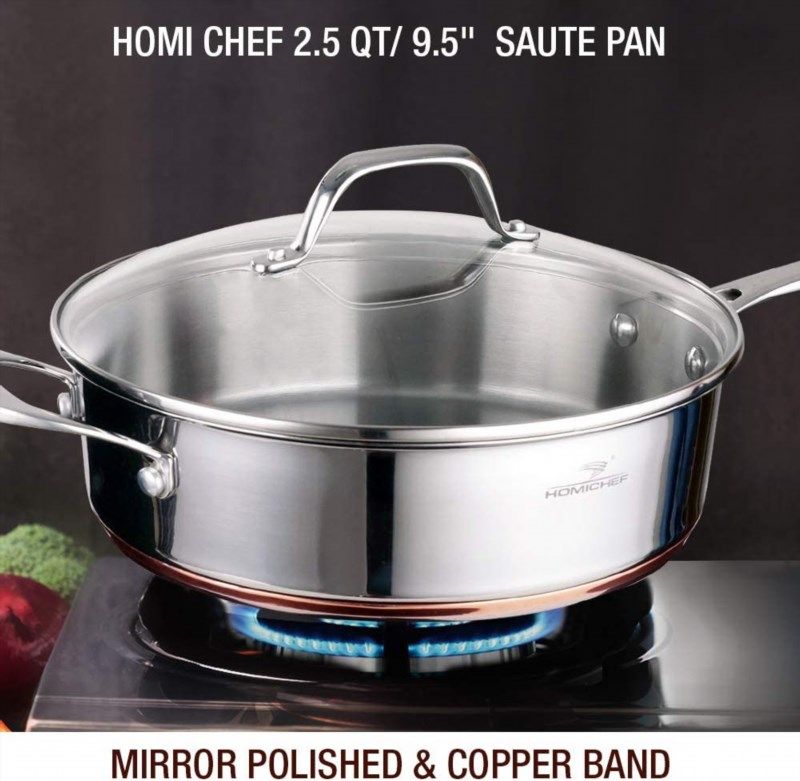 HOMI CHEF Mirror Polished Copper Band Nickel Free Stainless Steel 8-Inch  Frying Pan