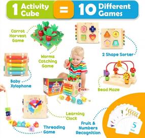 img 3 attached to Деревянный детский кубик для занятий с детьми, подарочный набор игрушек 10-в-1 для мальчиков и девочек от 12 месяцев, развивающая игрушка