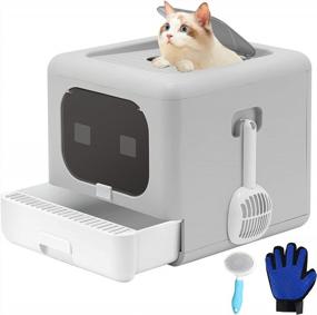 img 4 attached to Top Entry Large Cat Litter Box With Lid, Scoop, Brush, Grooming Glove, Drawer Structure - ROCCS Smell Proof, Anti-Splashing, Easy Cleaning, Light Grey Cat Toilet Potty For Adult Cats