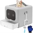 top entry large cat litter box with lid, scoop, brush, grooming glove, drawer structure - roccs smell proof, anti-splashing, easy cleaning, light grey cat toilet potty for adult cats logo