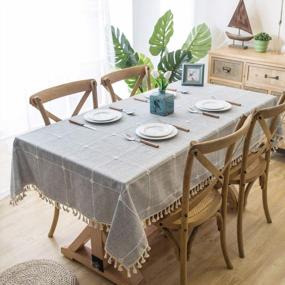 img 3 attached to Grey Cotton Linen Tablecloth - 55X86 Inch, 6-8 Seats, Stitching Tassels For Dining Room & Kitchen Parties
