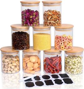 img 4 attached to 🍶 Hoanra 9 Piece Glass Storage Jars Set - Airtight Bamboo Lid with Labels, 15oz Small Food Containers for Kitchen Pantry - Tea Powder, Coffee, Spice, Candy, Nuts