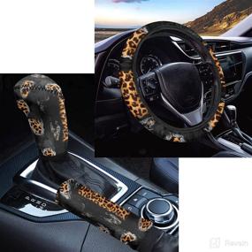 img 4 attached to POLERO Denim Leopard Steering Wheel Cover Cheetah Leopard Old Denim Print Gear Shift Knob Cover &Amp