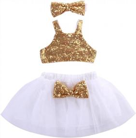 img 4 attached to Adorable 3Pc Princess Outfit Set For Toddler Baby Girls - Gold Sparkle Sequins Tops & Tutu Skirt!