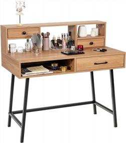 img 4 attached to Modern Vanity Table With Ample Storage: 42'' Writing Desk With Large Drawer, 2 Small Drawers, Top Hutch, And Steel Legs For Bedroom Or Home Office