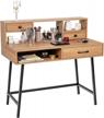modern vanity table with ample storage: 42'' writing desk with large drawer, 2 small drawers, top hutch, and steel legs for bedroom or home office logo