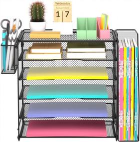 img 3 attached to 5 Tier Desk Organizer With Extra File Sorter & Pen Holders - Samstar Mesh Office Supplies Tray, Black
