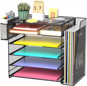 img 4 attached to 5 Tier Desk Organizer With Extra File Sorter & Pen Holders - Samstar Mesh Office Supplies Tray, Black