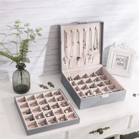 img 3 attached to Bewishome 50-Slot Earring Jewelry Box With Necklace Hooks - Grey: Perfect Gift For Women And Girls; Efficient Storage And Organization For Earrings, Rings, Cufflinks, And More. 2-Layer Design.