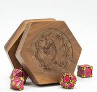 dragon-patterned hexagonal walnut dice box with magnetic lid for convenient storage of 7-die polygonal d&d dice - udixi wooden dnd dice set box logo