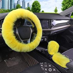 img 2 attached to 🚗 YSLSLOO Fluffy Steering Wheel Cover Set for Car Interior - 5 Pcs Yellow Furry Covers + Handbrake + Gear Shift + Seat Belt Pads (15 Inch Fit)