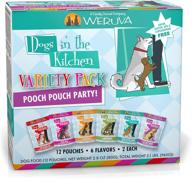 weruva dogs in the kitchen pooch pouch party! разнообразный набор для влажного корма для собак - 12 пакетиков по 2,8 унции logo