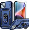 iphone 14 case with screen protector and slide camera cover - heavy duty military grade shockproof rugged bumper phone case with ring stand for iphone 14 & 13 accessories, goton blue logo