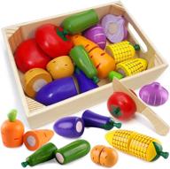 wooden play food for kids kitchen - pretend toy fruits and vegetables set with cutting feature - educational toys for toddlers - ideal gift for boys and girls by airlab logo