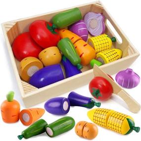img 4 attached to Wooden Play Food For Kids Kitchen - Pretend Toy Fruits And Vegetables Set With Cutting Feature - Educational Toys For Toddlers - Ideal Gift For Boys And Girls By Airlab