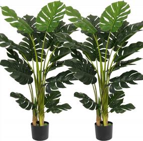 img 4 attached to Artificial Swiss Cheese Plant - 4Ft Tall Monstera Deliciosa With 15 Split Leaves - Faux Tropical Monstera Palm Tree For Home, Office, Store, Garden Floor Decor - Set Of 2