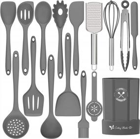 img 4 attached to 🍳 16-Piece Gray Silicone Kitchen Utensils Set by Deedro - Heat Resistant Cooking Tools with Holder, Nonstick Spatula Kitchen Gadgets for Baking & Cooking