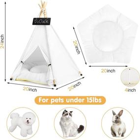 img 2 attached to 🐾 Pet Teepee, Dog Cat House Tent Bed with Cushion, Natural Cotton Canvas Indoor Portable Washable Puppy Tipi Tents for Small Dogs/Cats Up to 15lbs, 24 inch Tall