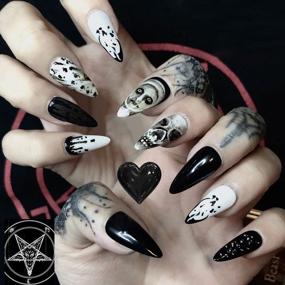 img 4 attached to 24 PCS Coffin Acrylic Nails Stick Glue Fake Full Cover False Nails Women Girls Halloween Decor Skull Press On Nails Long