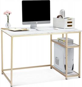 img 4 attached to Компьютерный стол Ivinta 44,8 дюйма с полками и золотыми ножками - идеально подходит для домашнего офиса или гостиной!