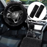 6 pieces fluffy steering wheel covers winter wool fur handbrake cover warm gear steering wheel cover center console seat belt shoulder pads accessories furry non-slip car decor (black logo