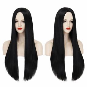 img 3 attached to Transform Your Look With Mersi Long Black Wigs For Women - 27'' Straight Hair Wig Perfect For Daily Wear, Parties, And Halloween - With Bonus Wig Cap S034BK