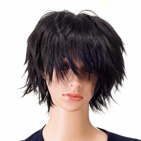 img 4 attached to Spiky Layered Short Anime Cosplay Wig - Unisex Fashion For Men And Women, 1B Off-Black Color By SWACC