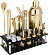23 piece cocktail shaker set bartender kit with acrylic stand & cocktail recipes booklet, professional bar tools for drink mixing, home, bar, party (include 4 whiskey stones) - gold logo