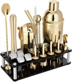 img 4 attached to 23 Piece Cocktail Shaker Set Bartender Kit With Acrylic Stand & Cocktail Recipes Booklet, Professional Bar Tools For Drink Mixing, Home, Bar, Party (Include 4 Whiskey Stones) - Gold