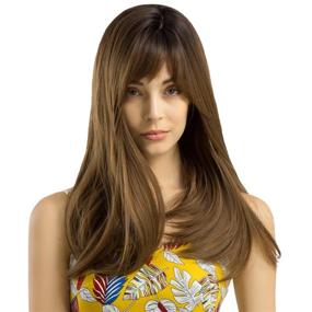 img 4 attached to TopWigy Women'S 20-Inch Brown Synthetic Wig With Black Roots And Bangs - Perfectly Natural Look For Halloween And Daily Wear