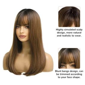 img 2 attached to TopWigy Women'S 20-Inch Brown Synthetic Wig With Black Roots And Bangs - Perfectly Natural Look For Halloween And Daily Wear