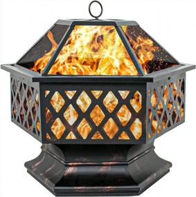 img 4 attached to Outdoor Hexagonal Fire Pit With Flame-Retardant Mesh Lid - 24 Inch Wood Burning Bonfire Steel Firebowl For Backyard, Patio, Garden, Beach, Camping, And Picnics By F2C