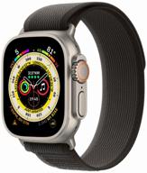 apple watch ultra 49mm titanium case cellular smart watch, titanium/black and gray trail loop logo