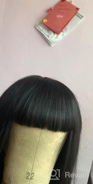 img 1 attached to BLY Loose Deep Wave Human Hair Wigs With Bangs For Black Women - Non-Lace Front, 16 Inch Brazilian Virgin Hair In Natural Color review by Alicia White