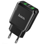 power adapter hoco n6 charmer dual port qc3.0 charger (2usb: 5v max 3.0a) 18w black logo