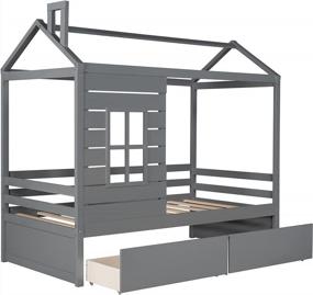 img 2 attached to Деревянная двухъярусная кровать Merax Twin Size с двумя ящиками, окном и крышей, серая отделка - идеально подходит для девочек и мальчиков, может быть оформлена как кушетка и решение для хранения