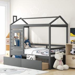 img 4 attached to Merax Twin Size Wood Bunk Bed With Two Drawers, Window And Roof, Grey Finish - Ideal For Girls And Boys, Can Be Decorated As Daybed And Storage Solution