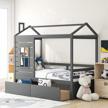 merax twin size wood bunk bed with two drawers, window and roof, grey finish - ideal for girls and boys, can be decorated as daybed and storage solution logo