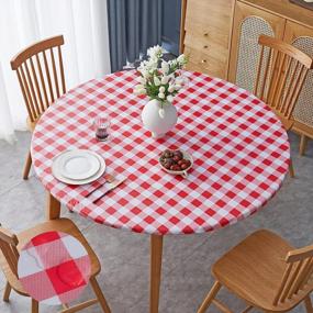 img 4 attached to 36"-44" Round Table Cloth Cover - Elastic Waterproof Fitted Vinyl Table Covers With Flannel Backed Buffalo Plaid Design For Picnic, Camping, Indoor & Outdoor Use (White/Red) By Smiry