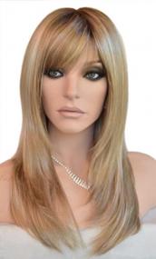 img 4 attached to Look Stunning With Auflaund'S 22-Inch Long Straight Blonde Wigs In Ombre With Dark Root And Layered High Density Glazed Hair Replacement For Women With Inclined Bangs (T/Blonde)