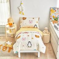 adorable flysheep 4 piece beige toddler bedding set with happy animal prints - soft and comfortable microfiber for baby boys and girls logo