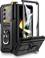 military grade galaxy z fold 4 case with built-in screen protector, camera cover, s pen holder, hinge protection ring and kickstand - black logo